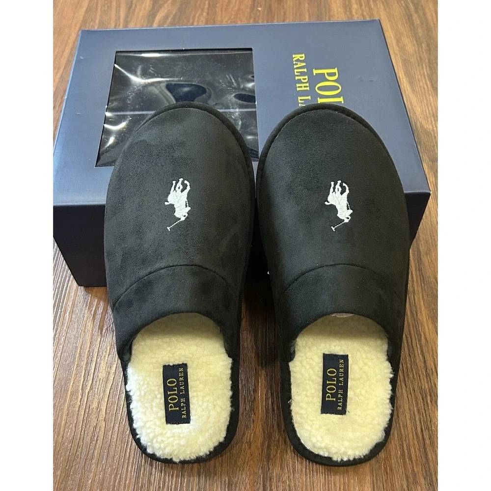 Polo Ralph Lauren Men's Klarence Scuff Slippers Black, White Pony Sz 8 New